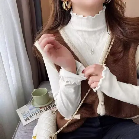 高级感内搭磨毛打底衫女秋冬修身加厚保暖木耳边半高领上衣T恤潮图片