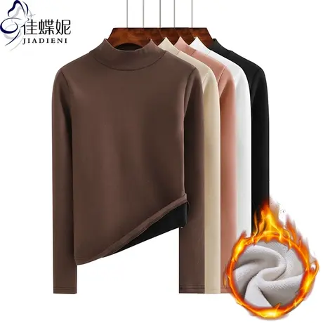 冬新款半高领加绒保暖加厚韩版纯棉长袖修身体恤打底衫女T恤上衣商品大图