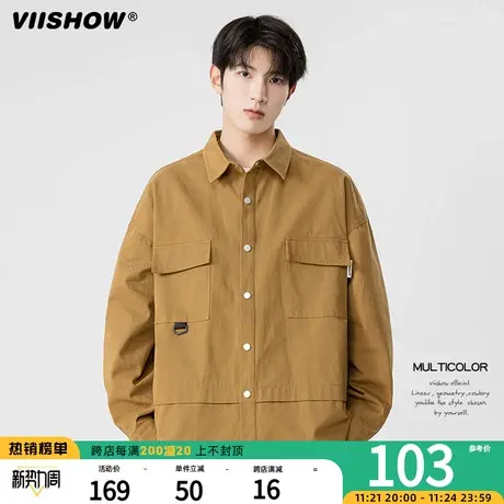 VIISHOW日系复古纯色长袖衬衫男潮牌街头bf宽松口袋休闲百搭衬衣商品大图