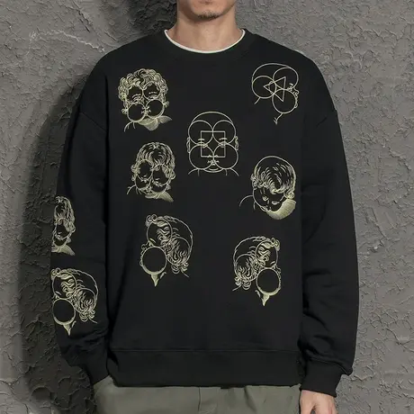 国潮抽象印花小众潮流卫衣男潮ins圆领无帽男生春季上衣外套春秋图片