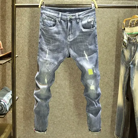 个性补丁牛仔裤男款ins潮牌夏季破洞修身小脚裤高街时尚休闲长裤商品大图