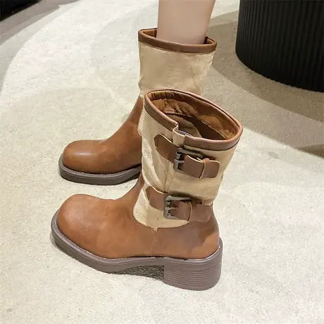 短靴女2023春秋新款英伦风网红小众设计感单靴粗跟高跟西部牛仔靴商品大图