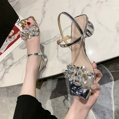 永希时尚透明粗跟高跟鞋女2022夏季新款高级感气质水钻一字带凉鞋商品大图