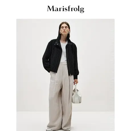 【商场同款】玛丝菲尔冬季新款绵羊毛条纹立领短款外套女图片