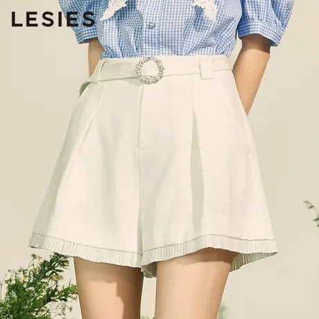 LESIES蓝色倾情春秋女装新款 白色水钻珍珠环小A织带装饰短裤裤子商品大图