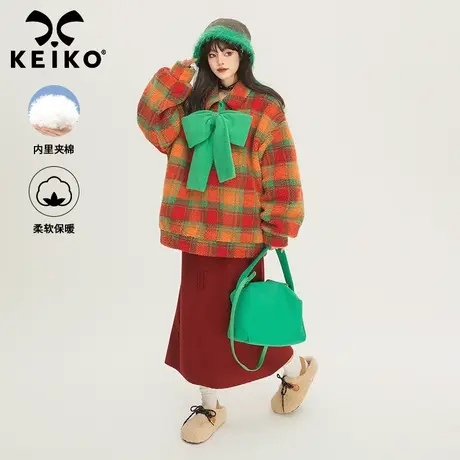 [蝴蝶结可解]美式格子羊羔毛外套女早春设计感扎花宽松棉服卫衣图片