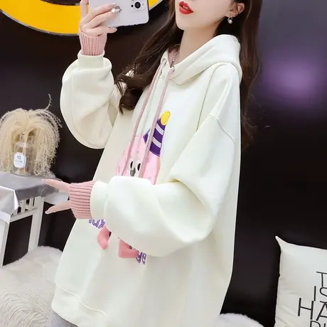 减10】韩版卡通加绒连帽卫衣女2023冬季新款时尚减龄设计感上衣图片