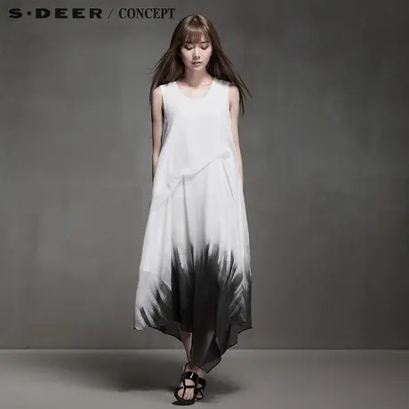 sdeer圣迪奥专柜正品女装夏装融合水墨印染垂褶长款连衣裙5281220图片