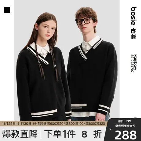 【齐思钧同款】bosie冬新款毛衣情侣男简约文艺学院风V领套头毛衣图片