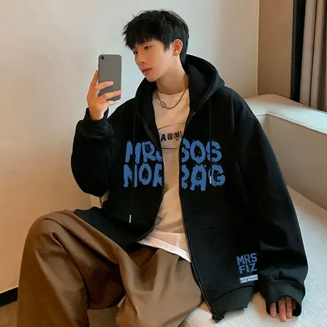 加绒加厚春秋季美式卫衣外套男潮牌2024新款连帽拉链开衫保暖重磅图片