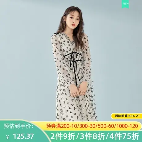 秋水伊人秋装女士连衣裙裙子V领长袖收腰中长雪纺气质显瘦Q811图片