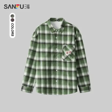 三福2024春季男士格纹怀旧长衬衫 复古休闲翻领上衣男481019图片