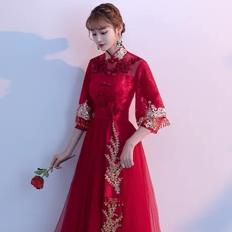 中式敬酒服新娘2023新款酒红色结婚订婚回门礼服中国风长袖秀禾服图片