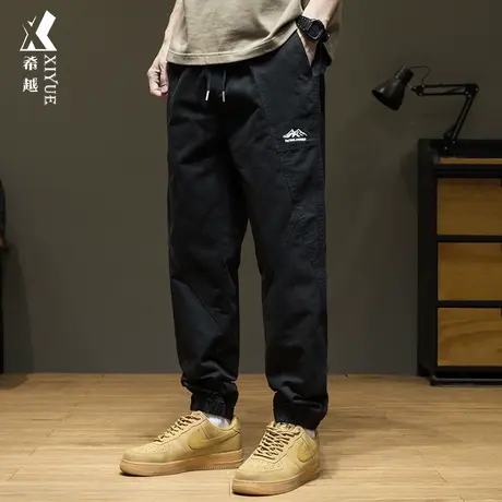 希越纯棉束脚裤男春季2024新款宽松大码休闲黑色九分裤子潮流百搭商品大图