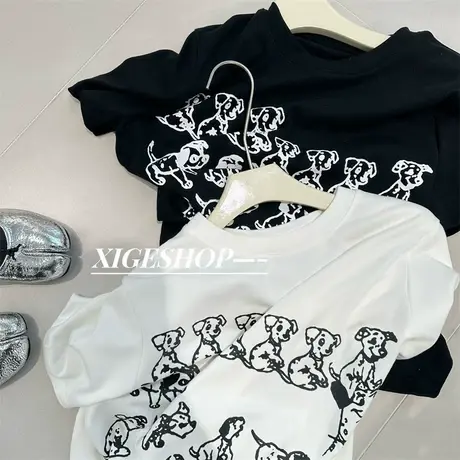 满印狗狗卡通短袖T恤女春季宽松正肩白色内搭磨毛圆领上衣休闲tee商品大图