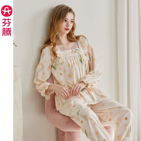芬腾纯棉睡衣女春秋长袖长裤套头休闲宽松大码全棉妈妈家居服套装商品大图