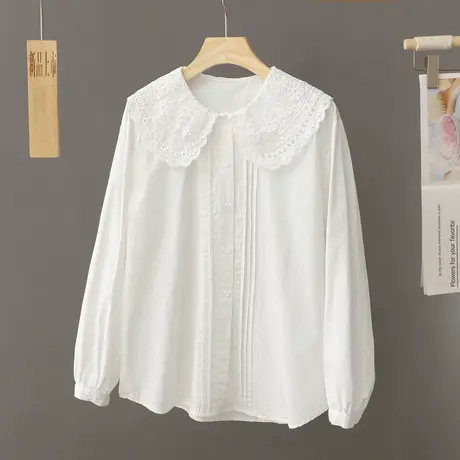蕾丝刺绣娃娃领衬衫女长袖百搭宽松春秋纯棉上衣甜美新品白色衬衣图片