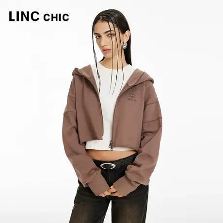 LINC金羽杰外套女款春连帽落肩学院哥特感短款卫衣外套女HD038Y商品大图