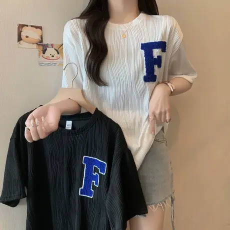 早春夏装毛巾绣短袖T恤女宽松韩版百搭ins潮学生半袖上衣2024新款图片