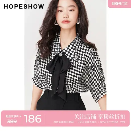 红袖outlets棋盘格衬衫hopeshow2023夏季新款女飘带领小众雪纺衫商品大图