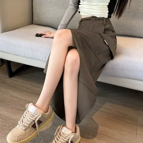 a字半身裙女春夏季2024中长款高腰梨形身材显瘦咖啡色美式工装裙图片