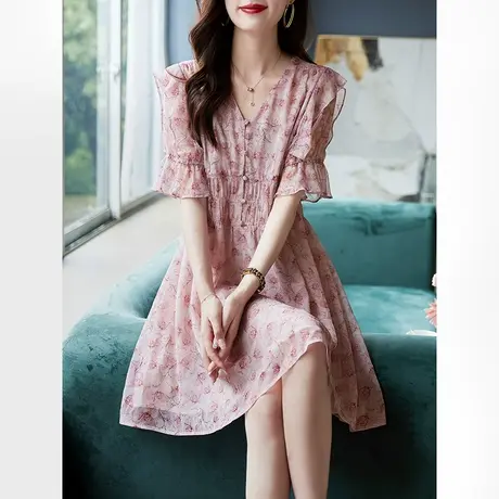 宝诗黎V领喇叭袖时尚雪纺连衣裙2024夏季新款短袖中长宽松碎花裙商品大图