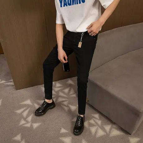 2023春夏薄款纯黑百搭九分牛仔裤男潮青年百搭挂饰修身铅笔小脚裤商品大图