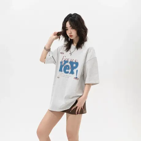 YEP复古直喷印花短袖t恤女夏季2024年新款纯棉宽松半袖情侣装上衣商品大图
