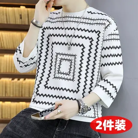 夏季男士七分袖t恤个性帅气半袖上衣宽松中袖男装夏天体恤衫衣服图片