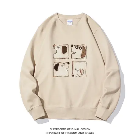 趣味卡通面包片狗狗印花圆领卫衣男秋冬季新款潮流宽松无帽上衣潮图片