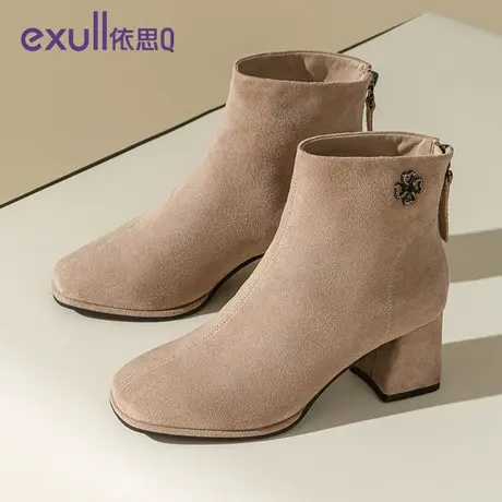 依思q高跟靴女2023秋冬新款绒面靴鞋女秋冬法式小踝靴卡其色短靴图片