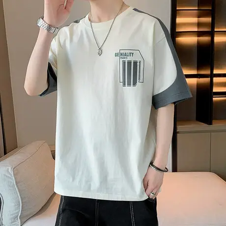 设计感小众T恤男夏季潮牌圆领休闲上衣宽松五分半袖体恤男士短袖t商品大图