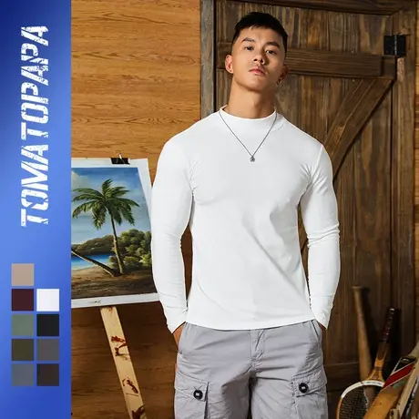 TOMATOPAPA欧美秋冬纯色半高领长袖T恤秋季弹力打底外穿上衣男潮商品大图