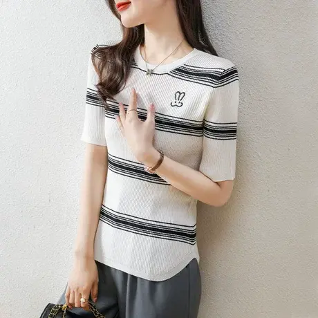夏季薄款修身条纹T恤圆领短袖针织上衣2023年新款韩版女装打底衫商品大图