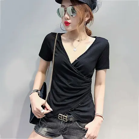 2023新款潮不规则超火cec短袖女T恤夏装修身气质上衣性感V领小衫图片