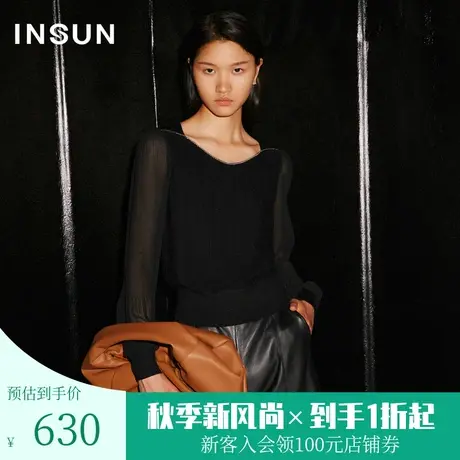 恩裳COVER2023秋装新款领边金葱锁边袖子拼同色雪纺灯笼袖针织衫图片