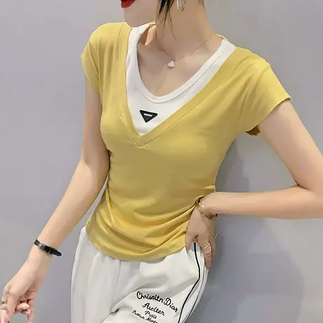 拼接假两件T恤女短袖2023夏季新款时尚设计感撞色上衣修身V领小衫商品大图