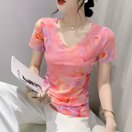 气质减龄印花短袖T恤女2023夏季新款性感V领小衫别致网纱上衣修身商品大图