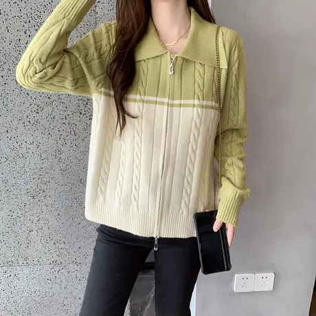 复古拉链毛衣polo领撞色温柔风麻花针织开衫外套外搭2023春装新款图片