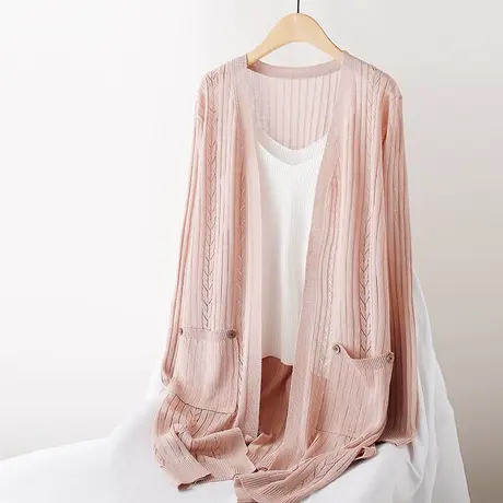 中长款针织开衫女薄款春夏长袖空调衫防晒衣宽松镂空外搭披肩透气商品大图