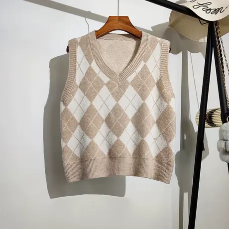 针织背心女宽松套头春秋新款韩版学院风菱形格子无袖毛衣马甲外穿商品大图
