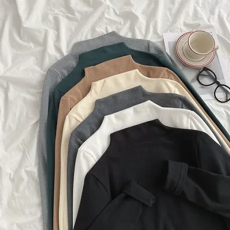 ins潮秋冬2020半高领上衣洋气双面德绒磨毛加绒保暖打底衫女内搭商品大图