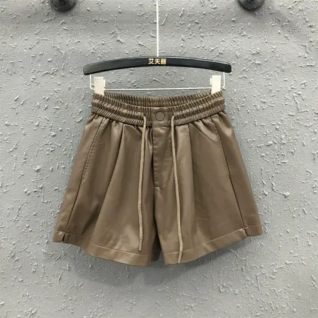PU皮裤短裤女秋2023新款休闲系带宽松A字阔腿裤潮咖啡色百搭靴裤商品大图