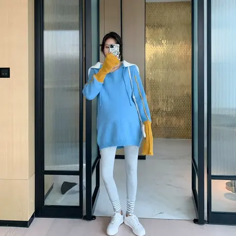 孕妇毛衣韩版宽松显瘦纯色针织上衣网红潮辣妈外穿孕妇装洋气套装图片