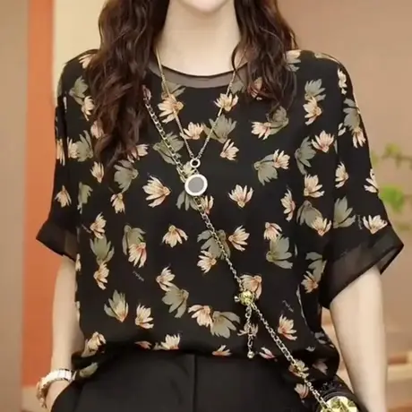 夏装短袖真丝衬衫女装法式漂亮别致碎花小衫设计感减龄桑蚕丝上衣商品大图