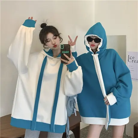 连帽卫衣女chic港风秋冬ins宽松韩版bf慵懒风小个子加绒加厚外套商品大图