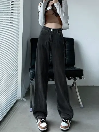 清仓捡漏复古百搭气质直筒牛仔裤女春秋辣妹高腰阔腿裤ins高街潮商品大图