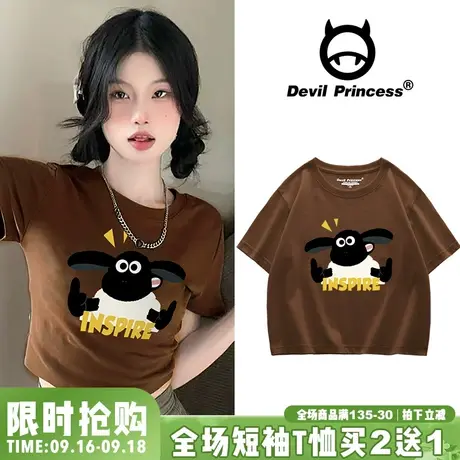 卡通小羊印花港风短款t恤女chic韩系百搭小众ins设计感短袖上衣潮商品大图