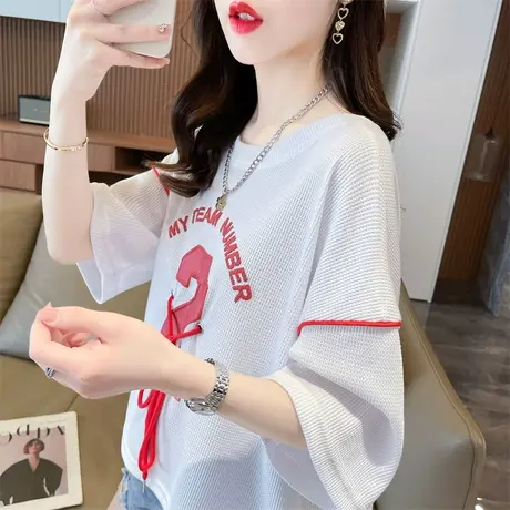 小众设计感短袖t恤女夏季韩版宽松大码小个子短款华夫格半袖上衣图片