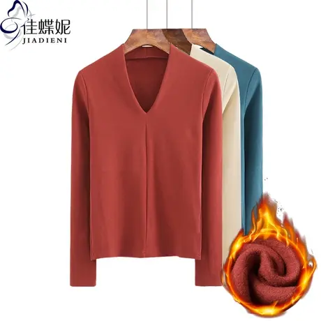 秋冬新款加绒加厚保暖长袖体恤上衣打底内搭韩版V领修身女显瘦T恤商品大图